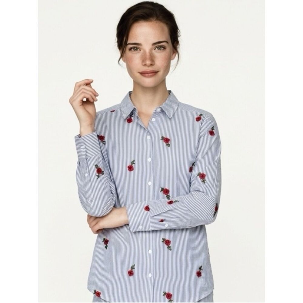 GIBSON LATIMER | Striped Button Down Shirt with Flowers Women’s Size Medium